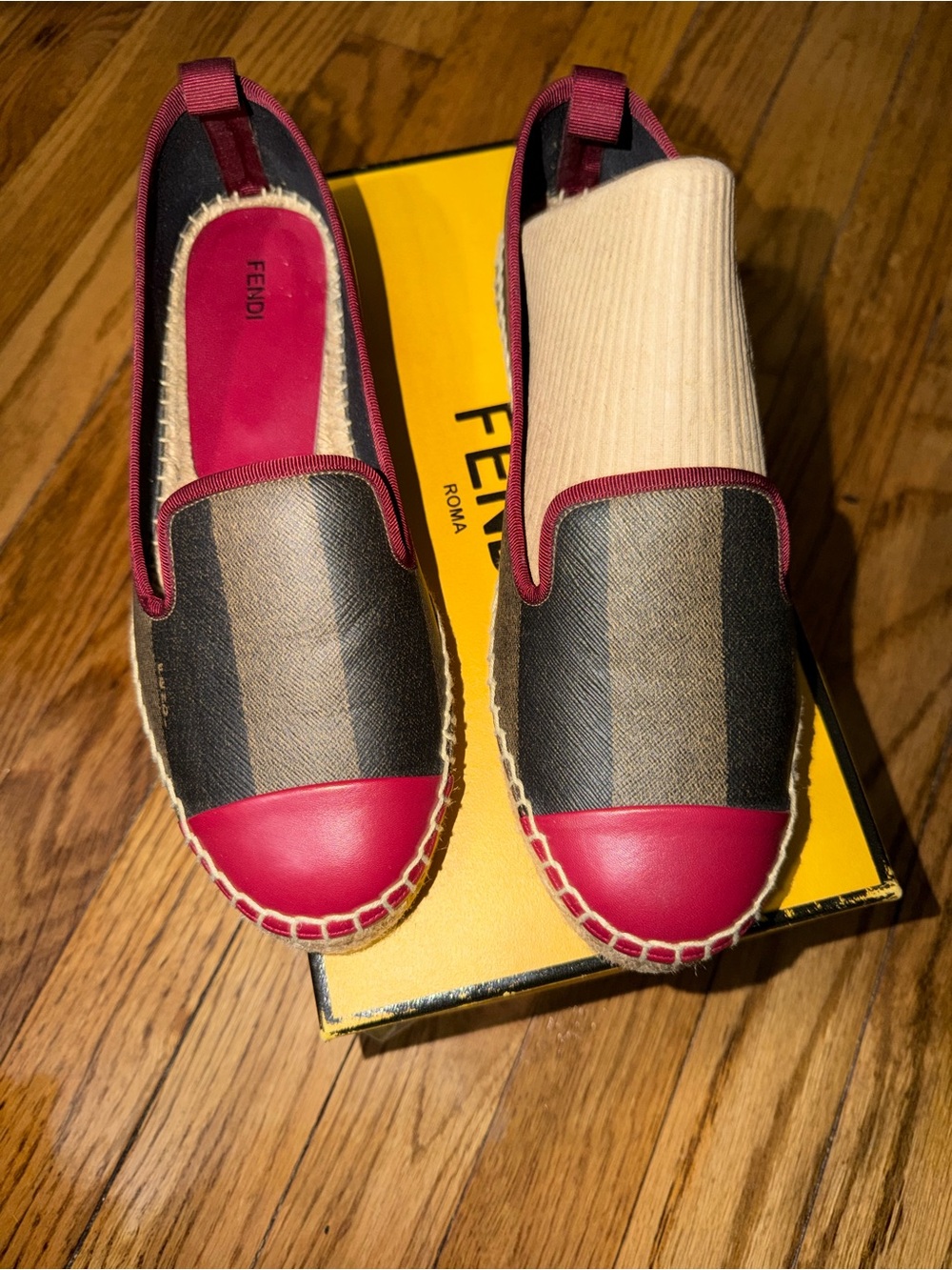 Fendi Brown Striped Canvas Espadrilles with Red Trim